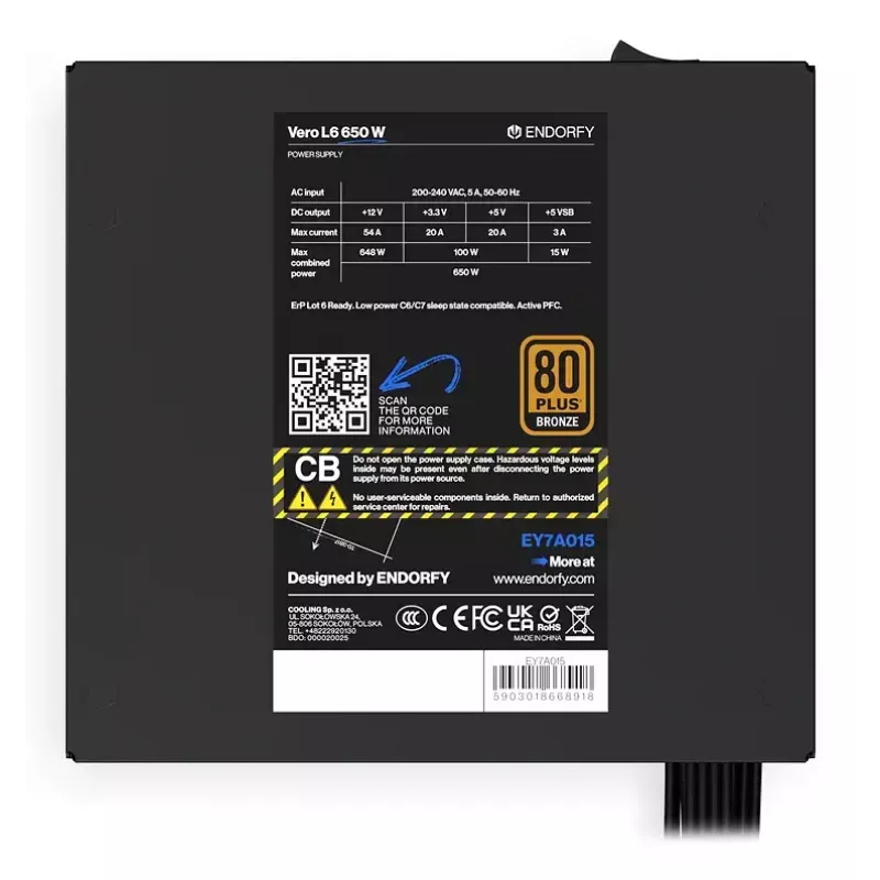 Netzteil ENDORFY Vero L6 650 W ATX 24-Pin, 80 PLUS Bronze, 120 mm Lüfter, schwarz