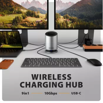 AXAGON HMC-WL9 USB-C 9‑in‑1 Docking-Hub mit 10 Gbit/s, 100W PD, 8K HDMI, Ethernet, kabellosem Laden