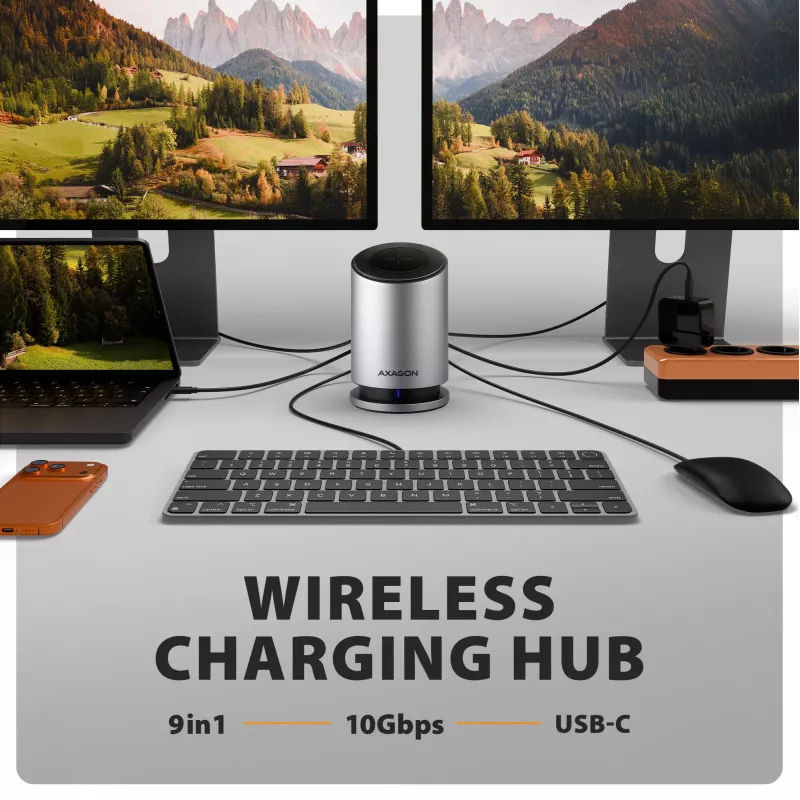 AXAGON HMC-WL9 USB-C 9‑in‑1 Docking-Hub mit 10 Gbit/s, 100W PD, 8K HDMI, Ethernet, kabellosem Laden