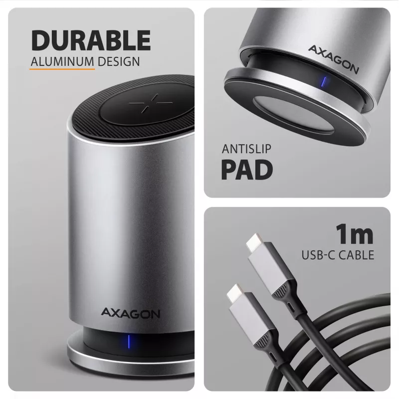 AXAGON HMC-WL9 USB-C 9‑in‑1 Docking-Hub mit 10 Gbit/s, 100W PD, 8K HDMI, Ethernet, kabellosem Laden
