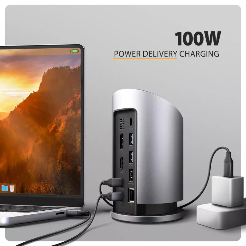AXAGON HMC-WL9 USB-C 9‑in‑1 Docking-Hub mit 10 Gbit/s, 100W PD, 8K HDMI, Ethernet, kabellosem Laden