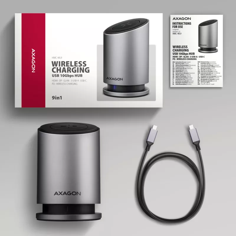 AXAGON HMC-WL9 USB-C 9‑in‑1 Docking-Hub mit 10 Gbit/s, 100W PD, 8K HDMI, Ethernet, kabellosem Laden