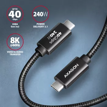 USB-C-zu-USB-C-Kabel AXAGON BUCM4X-CM05AB — USB4 Gen 3x2, 40 Gbit/s, 240 W, 0,5 m, schwarz