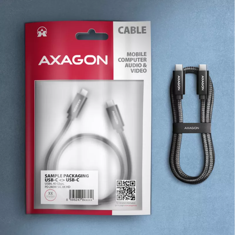 USB-C-zu-USB-C-Kabel AXAGON BUCM4X-CM05AB — USB4 Gen 3x2, 40 Gbit/s, 240 W, 0,5 m, schwarz