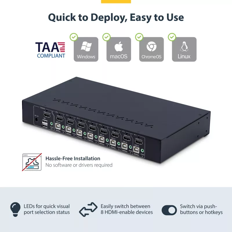 StarTech.com 8-Port HDMI KVM-Switch mit 1U-Rackmount-Kit, 4K 60Hz HDMI 2.0, Tasten- und Hotkey-Umschaltung, 4-Port USB-Hub, betriebssystemunabhängig, TAA-konform