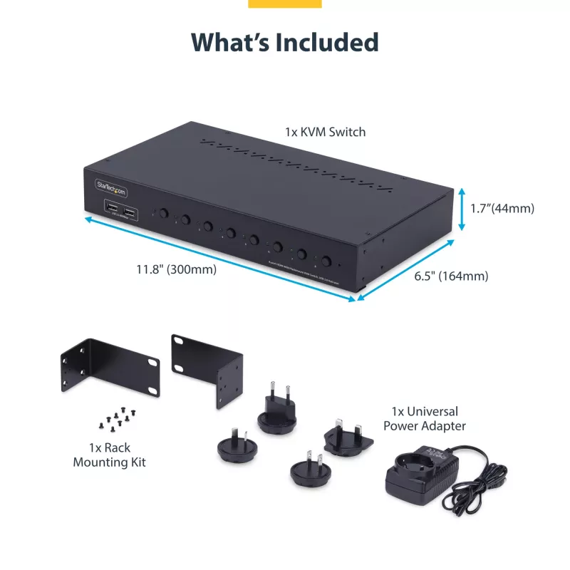 StarTech.com 8-Port HDMI KVM-Switch mit 1U-Rackmount-Kit, 4K 60Hz HDMI 2.0, Tasten- und Hotkey-Umschaltung, 4-Port USB-Hub, betriebssystemunabhängig, TAA-konform