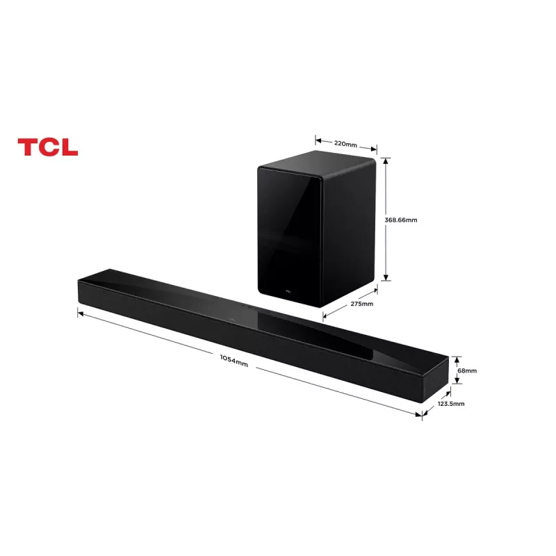 Soundbar TCL Q75H 620W 5.1.2-Kanal mit kabellosem Aktiv-Subwoofer, HDMI 2.1, Bluetooth 5.3, Wi‑Fi 5, 1040×110×58 mm