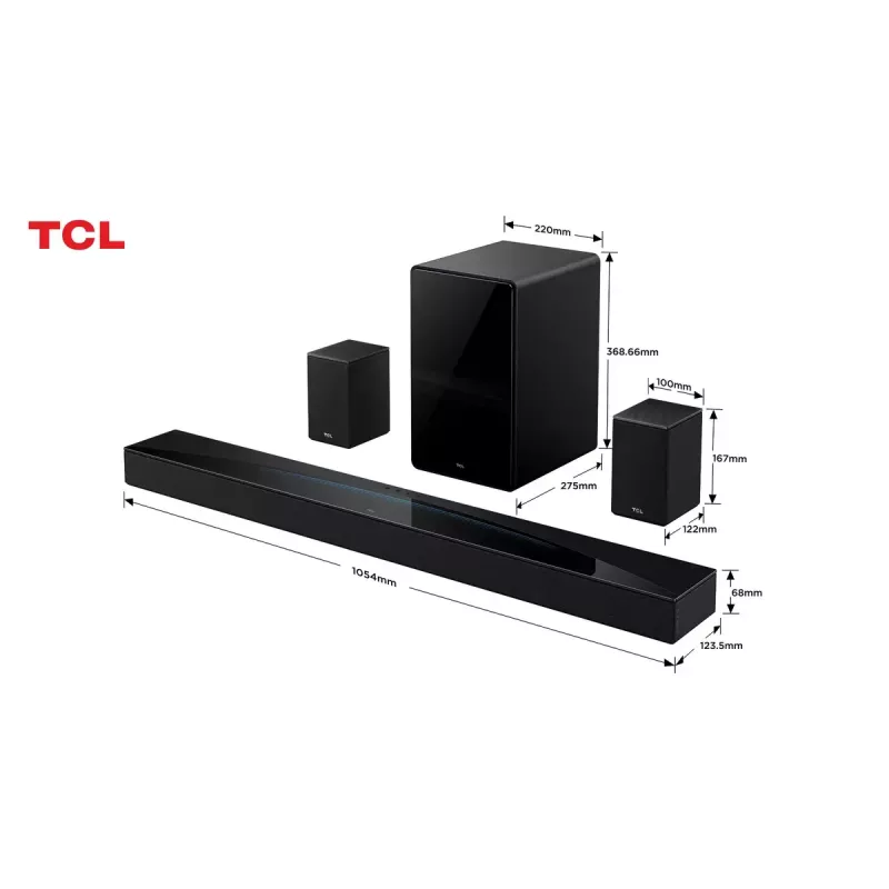 TCL Q Q85H Class 7.1.4 Channel Soundbar mit Dolby Atmos, kabellosem Subwoofer und kabellosen Surround-Lautsprechern