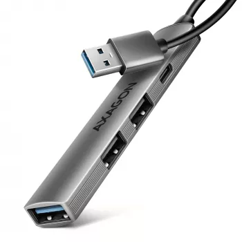 USB-Hub AXAGON HUE-STA — 4-Port Aluminiumleiste, 1× USB-A 5 Gbit/s + 2× USB-A & 1× USB-C 480 Mbit/s, USB-A-Host, grau