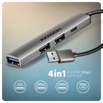 USB-Hub AXAGON HUE-STA — 4-Port Aluminiumleiste, 1× USB-A 5 Gbit/s + 2× USB-A & 1× USB-C 480 Mbit/s, USB-A-Host, grau
