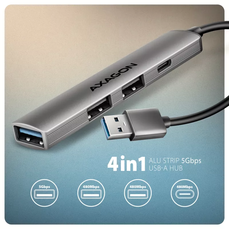 USB-Hub AXAGON HUE-STA — 4-Port Aluminiumleiste, 1× USB-A 5 Gbit/s + 2× USB-A & 1× USB-C 480 Mbit/s, USB-A-Host, grau