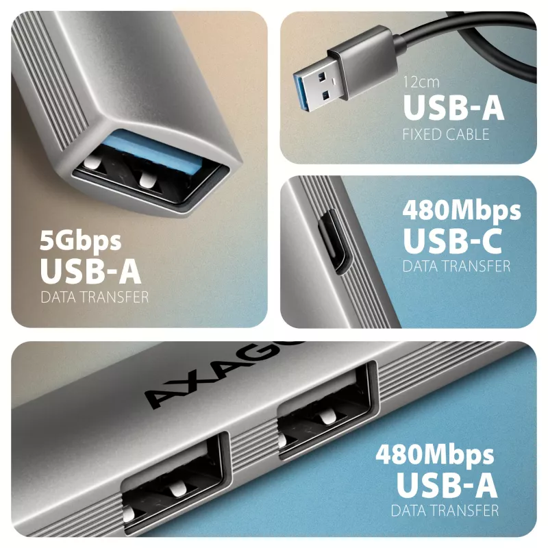 USB-Hub AXAGON HUE-STA — 4-Port Aluminiumleiste, 1× USB-A 5 Gbit/s + 2× USB-A & 1× USB-C 480 Mbit/s, USB-A-Host, grau