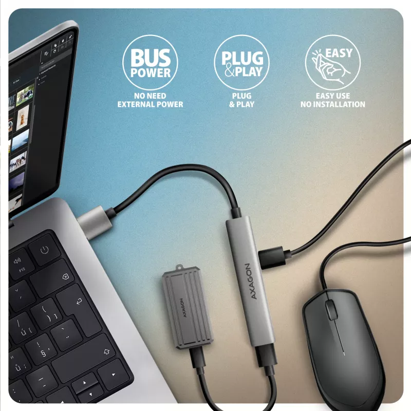 USB-Hub AXAGON HUE-STA — 4-Port Aluminiumleiste, 1× USB-A 5 Gbit/s + 2× USB-A & 1× USB-C 480 Mbit/s, USB-A-Host, grau