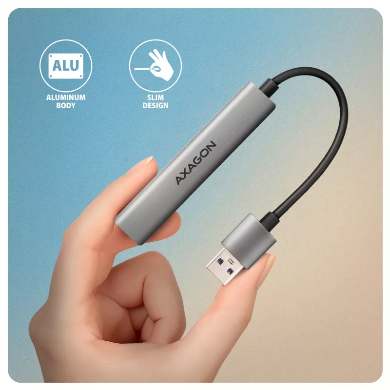 USB-Hub AXAGON HUE-STA — 4-Port Aluminiumleiste, 1× USB-A 5 Gbit/s + 2× USB-A & 1× USB-C 480 Mbit/s, USB-A-Host, grau