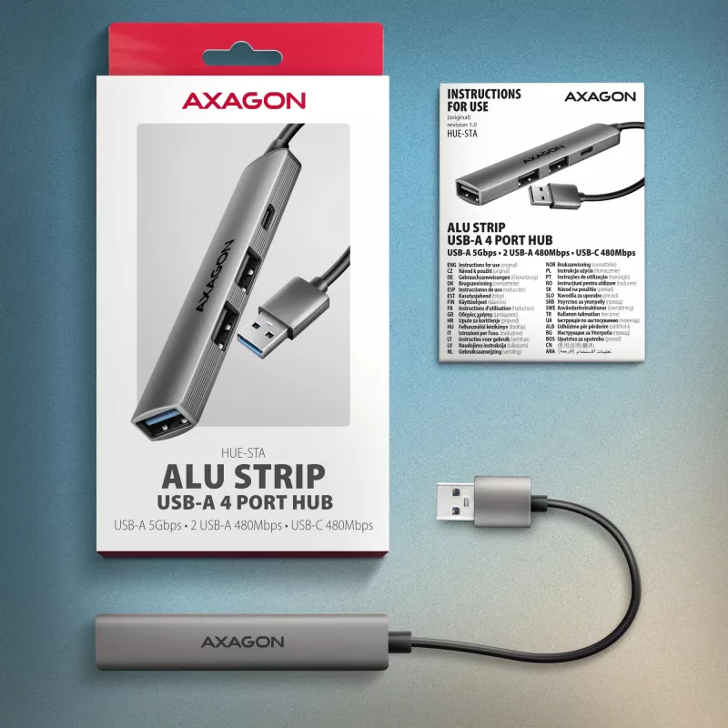 USB-Hub AXAGON HUE-STA — 4-Port Aluminiumleiste, 1× USB-A 5 Gbit/s + 2× USB-A & 1× USB-C 480 Mbit/s, USB-A-Host, grau