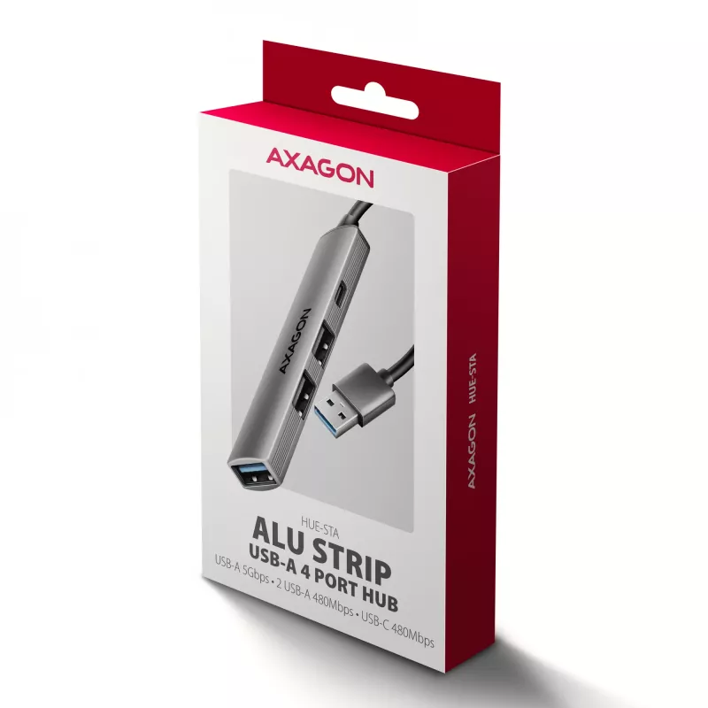 USB-Hub AXAGON HUE-STA — 4-Port Aluminiumleiste, 1× USB-A 5 Gbit/s + 2× USB-A & 1× USB-C 480 Mbit/s, USB-A-Host, grau