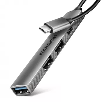 USB-Hub AXAGON HUE-STC, 4-Port-Aluminiumleiste, 1x USB-A 5 Gbit/s + 2x USB-A & 1x USB-C 480 Mbit/s, USB-C-Host, 12 cm Kabel, grau