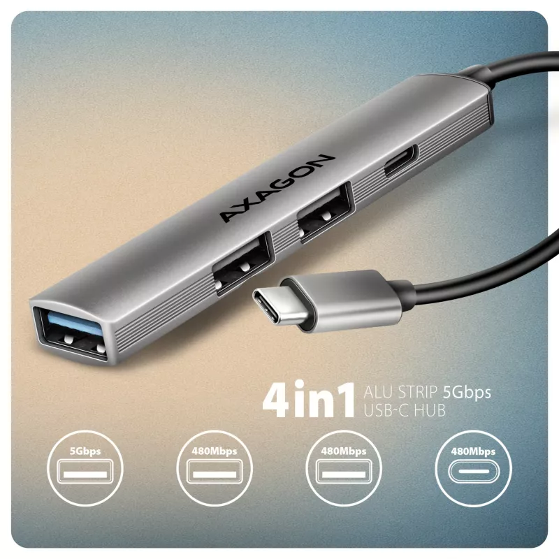 USB-Hub AXAGON HUE-STC, 4-Port-Aluminiumleiste, 1x USB-A 5 Gbit/s + 2x USB-A & 1x USB-C 480 Mbit/s, USB-C-Host, 12 cm Kabel, grau