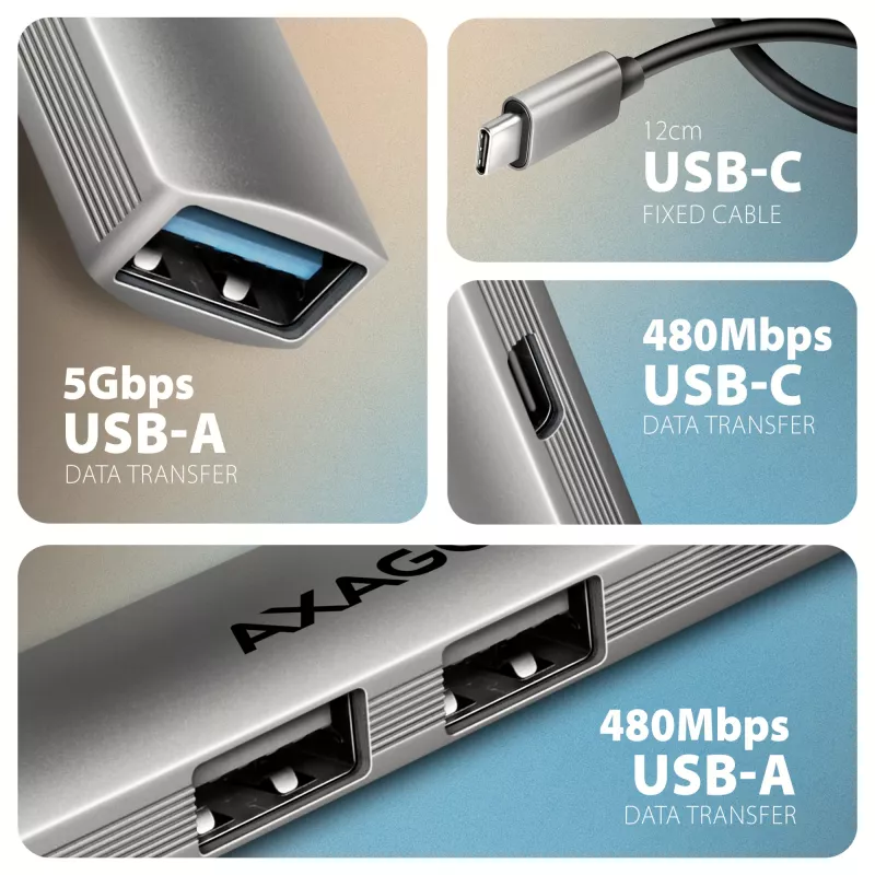 USB-Hub AXAGON HUE-STC, 4-Port-Aluminiumleiste, 1x USB-A 5 Gbit/s + 2x USB-A & 1x USB-C 480 Mbit/s, USB-C-Host, 12 cm Kabel, grau