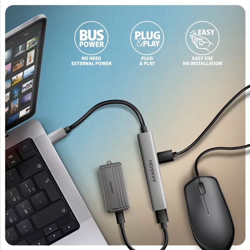 USB-Hub AXAGON HUE-STC, 4-Port-Aluminiumleiste, 1x USB-A 5 Gbit/s + 2x USB-A & 1x USB-C 480 Mbit/s, USB-C-Host, 12 cm Kabel, grau