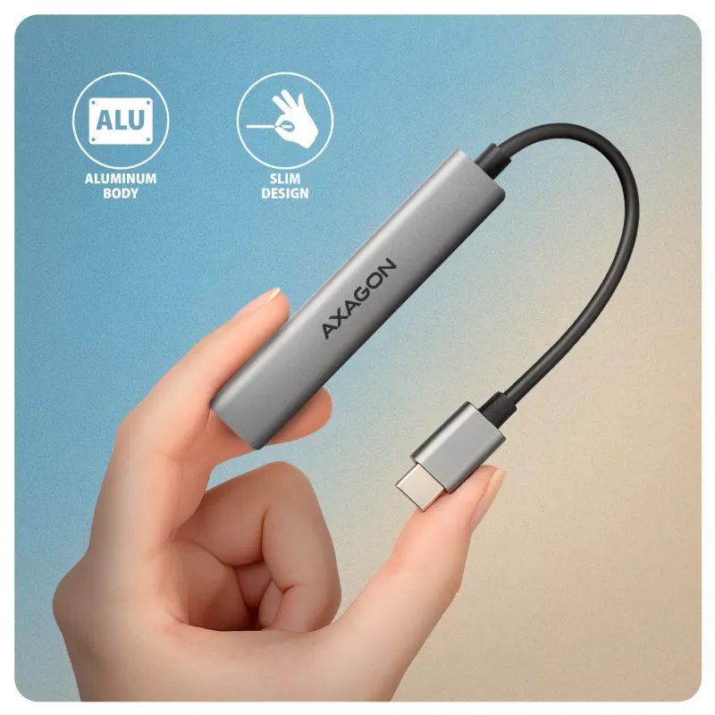 USB-Hub AXAGON HUE-STC, 4-Port-Aluminiumleiste, 1x USB-A 5 Gbit/s + 2x USB-A & 1x USB-C 480 Mbit/s, USB-C-Host, 12 cm Kabel, grau
