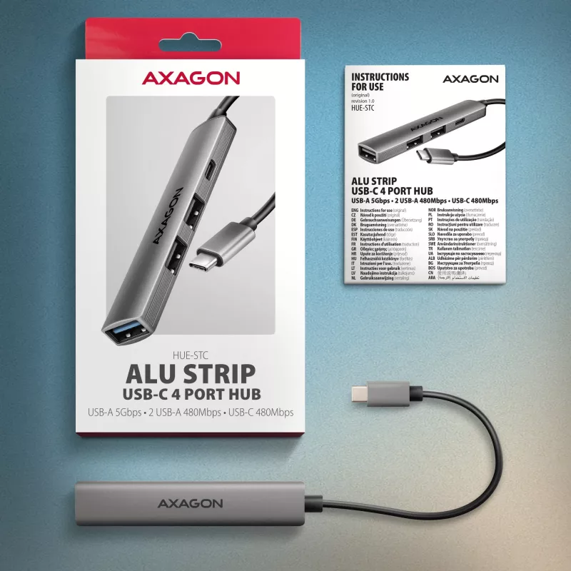 USB-Hub AXAGON HUE-STC, 4-Port-Aluminiumleiste, 1x USB-A 5 Gbit/s + 2x USB-A & 1x USB-C 480 Mbit/s, USB-C-Host, 12 cm Kabel, grau