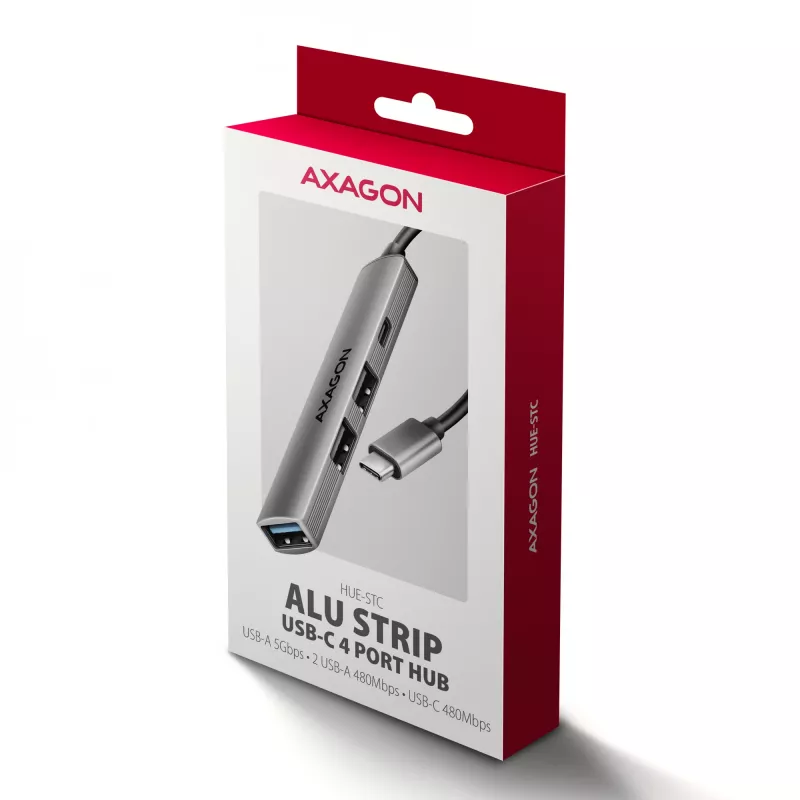 USB-Hub AXAGON HUE-STC, 4-Port-Aluminiumleiste, 1x USB-A 5 Gbit/s + 2x USB-A & 1x USB-C 480 Mbit/s, USB-C-Host, 12 cm Kabel, grau