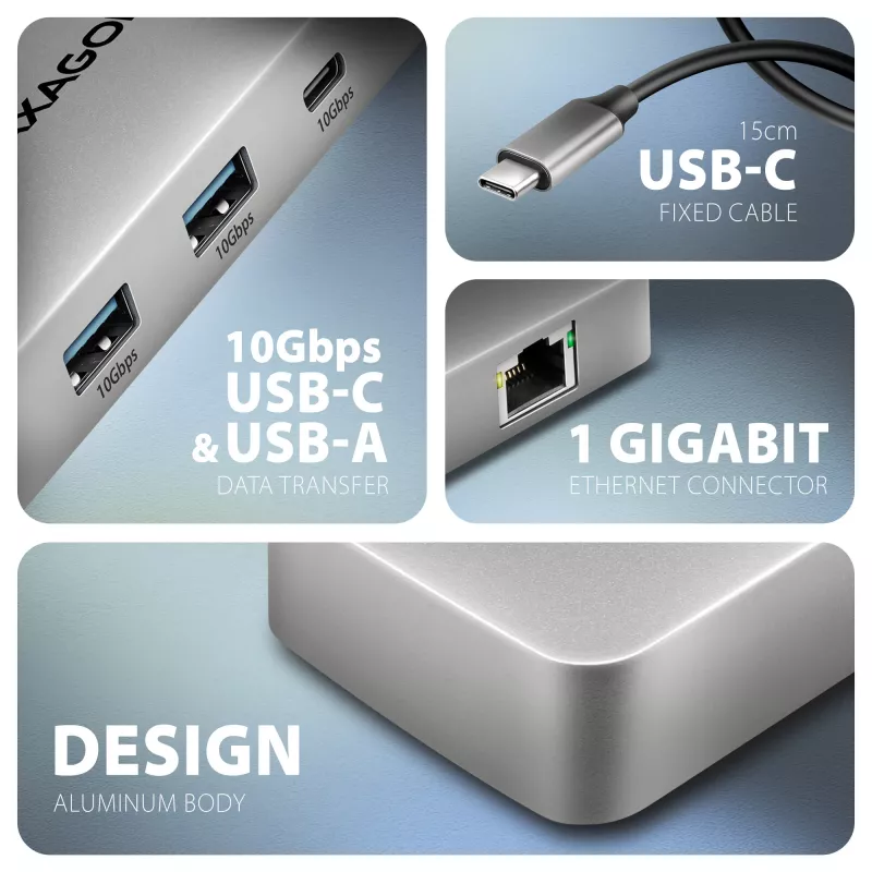Axagon HMC-CUB83X2 USB 10Gbps Hub, 2x USB-A, USB-C, HDMI & DP 4K/144Hz, RJ-45, PD 100W