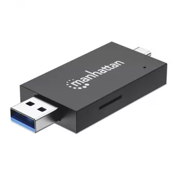 Manhattan USB-A / USB-C Kombi-Multi-Kartenleser/-schreiber, 5 Gbit/s (USB 3.2 Gen1 alias USB 3.0), Stecker auf microSD- und SD/MMC-Slots, Mini-Format, SuperSpeed USB, Windows oder Mac, Schwarz/Transparent, drei Jahre Garantie