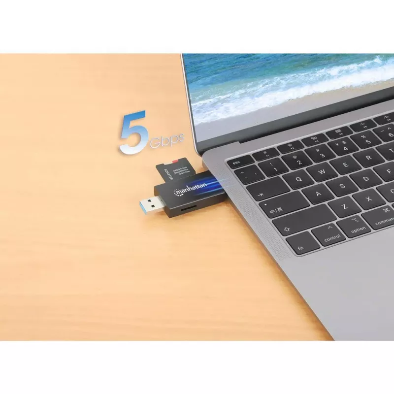 Manhattan USB-A / USB-C Kombi-Multi-Kartenleser/-schreiber, 5 Gbit/s (USB 3.2 Gen1 alias USB 3.0), Stecker auf microSD- und SD/MMC-Slots, Mini-Format, SuperSpeed USB, Windows oder Mac, Schwarz/Transparent, drei Jahre Garantie