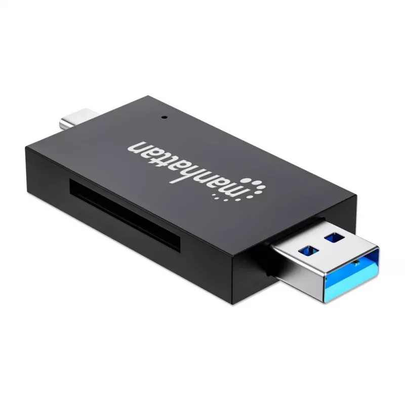 Manhattan USB-A / USB-C Kombi-Multi-Kartenleser/-schreiber, 5 Gbit/s (USB 3.2 Gen1 alias USB 3.0), Stecker auf microSD- und SD/MMC-Slots, Mini-Format, SuperSpeed USB, Windows oder Mac, Schwarz/Transparent, drei Jahre Garantie