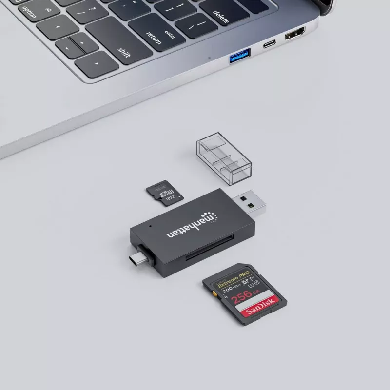 Manhattan USB-A / USB-C Kombi-Multi-Kartenleser/-schreiber, 5 Gbit/s (USB 3.2 Gen1 alias USB 3.0), Stecker auf microSD- und SD/MMC-Slots, Mini-Format, SuperSpeed USB, Windows oder Mac, Schwarz/Transparent, drei Jahre Garantie