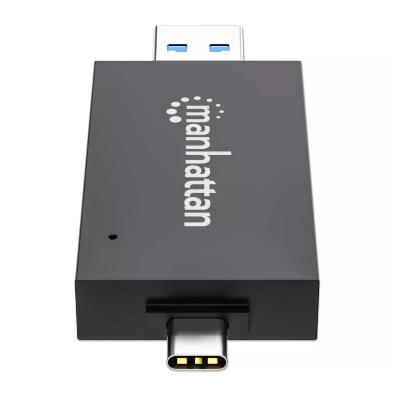 Manhattan USB-A / USB-C Kombi-Multi-Kartenleser/-schreiber, 5 Gbit/s (USB 3.2 Gen1 alias USB 3.0), Stecker auf microSD- und SD/MMC-Slots, Mini-Format, SuperSpeed USB, Windows oder Mac, Schwarz/Transparent, drei Jahre Garantie