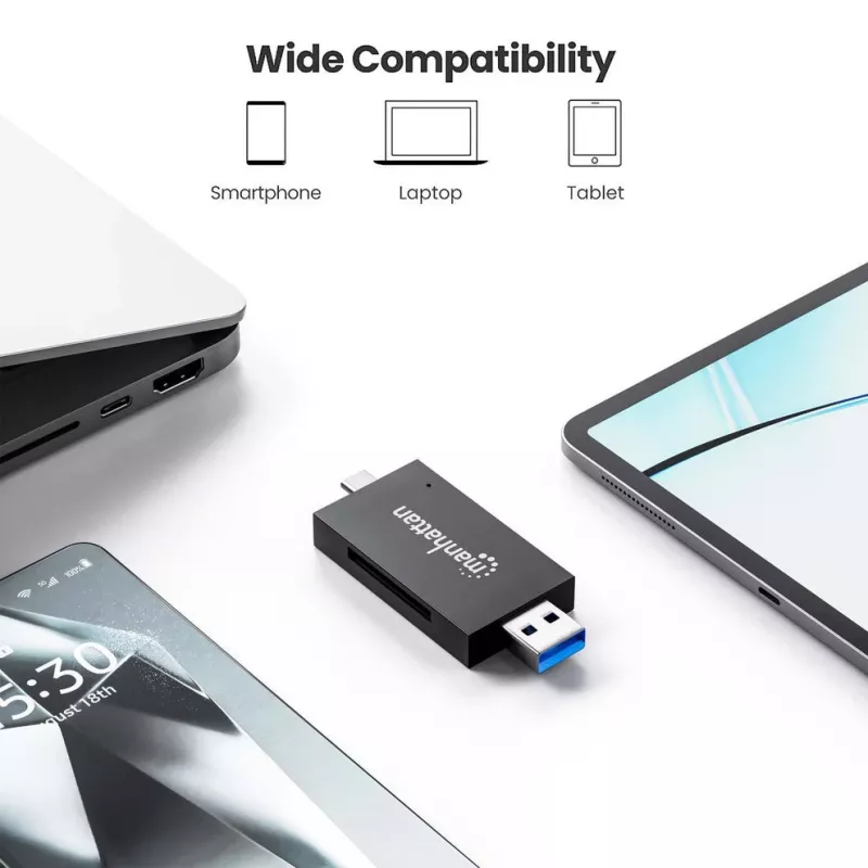 Manhattan USB-A / USB-C Kombi-Multi-Kartenleser/-schreiber, 5 Gbit/s (USB 3.2 Gen1 alias USB 3.0), Stecker auf microSD- und SD/MMC-Slots, Mini-Format, SuperSpeed USB, Windows oder Mac, Schwarz/Transparent, drei Jahre Garantie