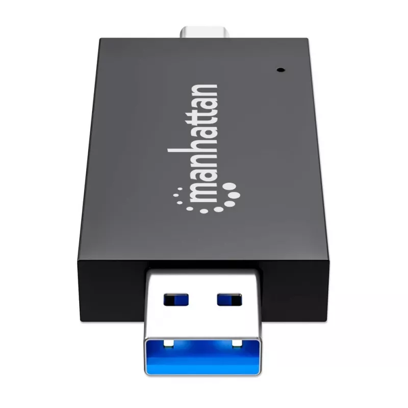 Manhattan USB-A / USB-C Kombi-Multi-Kartenleser/-schreiber, 5 Gbit/s (USB 3.2 Gen1 alias USB 3.0), Stecker auf microSD- und SD/MMC-Slots, Mini-Format, SuperSpeed USB, Windows oder Mac, Schwarz/Transparent, drei Jahre Garantie