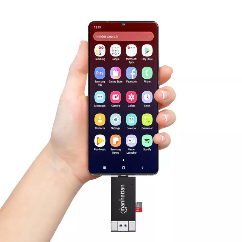 Manhattan USB-A / USB-C Kombi-Multi-Kartenleser/-schreiber, 5 Gbit/s (USB 3.2 Gen1 alias USB 3.0), Stecker auf microSD- und SD/MMC-Slots, Mini-Format, SuperSpeed USB, Windows oder Mac, Schwarz/Transparent, drei Jahre Garantie