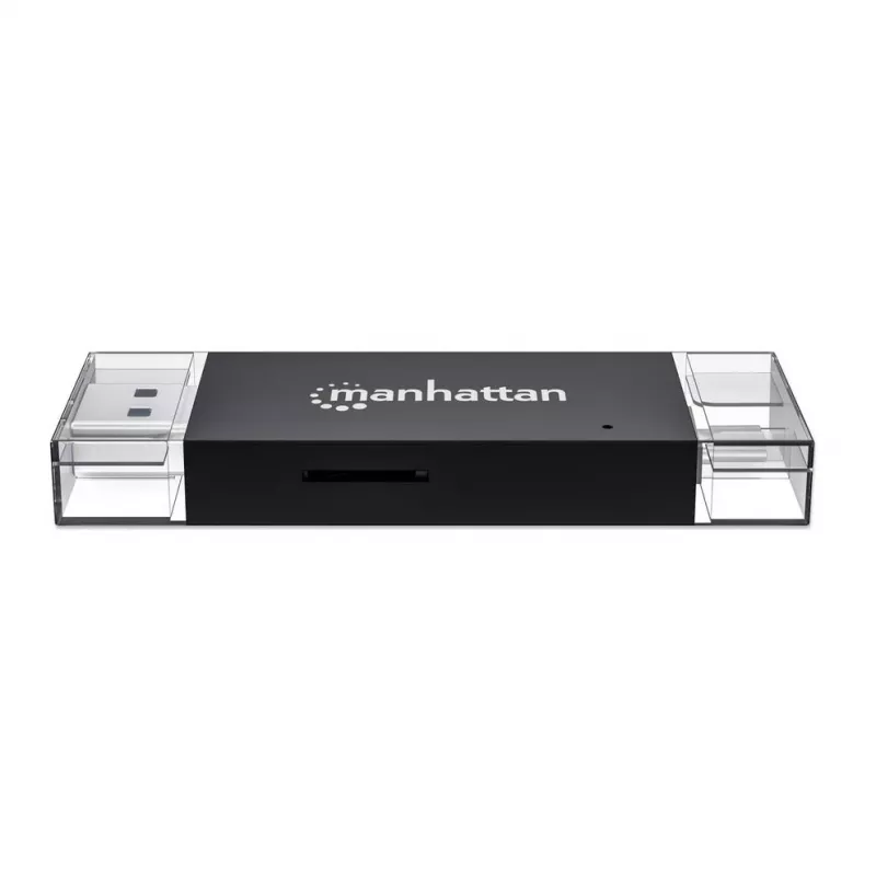 Manhattan USB-A / USB-C Kombi-Multi-Kartenleser/-schreiber, 5 Gbit/s (USB 3.2 Gen1 alias USB 3.0), Stecker auf microSD- und SD/MMC-Slots, Mini-Format, SuperSpeed USB, Windows oder Mac, Schwarz/Transparent, drei Jahre Garantie