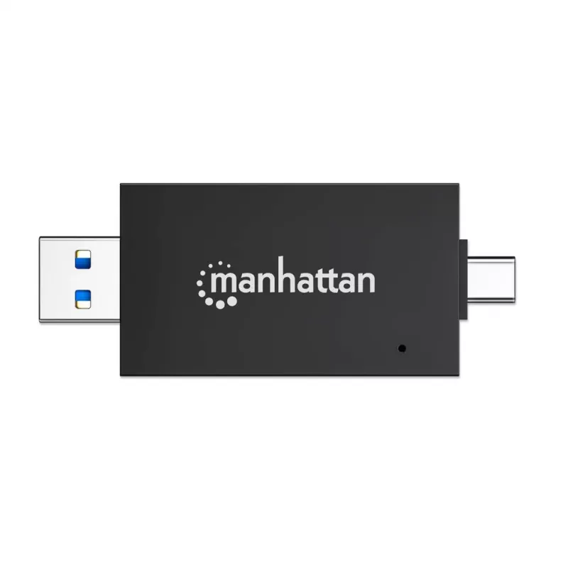 Manhattan USB-A / USB-C Kombi-Multi-Kartenleser/-schreiber, 5 Gbit/s (USB 3.2 Gen1 alias USB 3.0), Stecker auf microSD- und SD/MMC-Slots, Mini-Format, SuperSpeed USB, Windows oder Mac, Schwarz/Transparent, drei Jahre Garantie