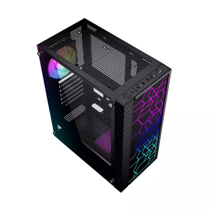 PC-Gehäuse GEMBIRD Fornax 2500 Midi Tower Schwarz — ATX/ITX-Unterstützung, gehärtetes Glas, RGB, 3x120 mm vorne, 2x2,5-Zoll-Einschübe