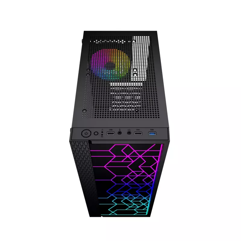 PC-Gehäuse GEMBIRD Fornax 2500 Midi Tower Schwarz — ATX/ITX-Unterstützung, gehärtetes Glas, RGB, 3x120 mm vorne, 2x2,5-Zoll-Einschübe