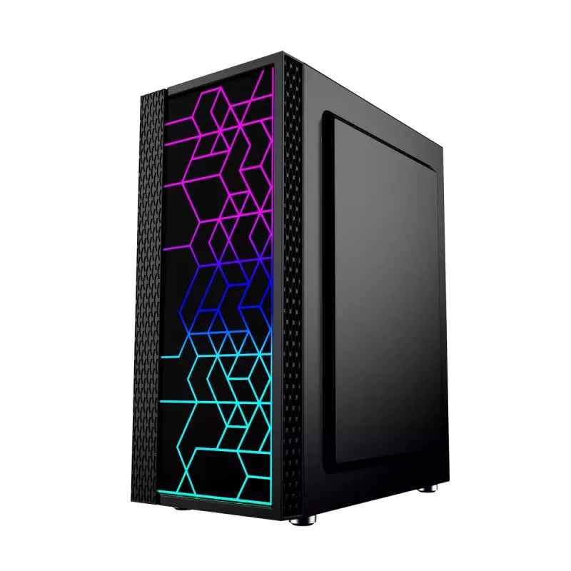 PC-Gehäuse GEMBIRD Fornax 2500 Midi Tower Schwarz — ATX/ITX-Unterstützung, gehärtetes Glas, RGB, 3x120 mm vorne, 2x2,5-Zoll-Einschübe