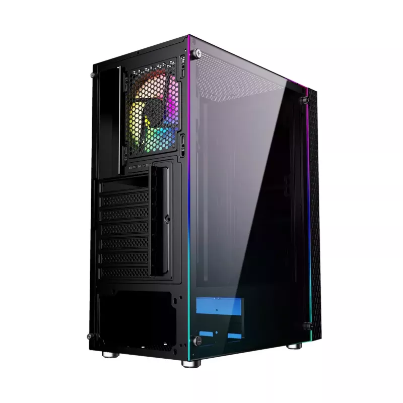 PC-Gehäuse GEMBIRD Fornax 2500 Midi Tower Schwarz — ATX/ITX-Unterstützung, gehärtetes Glas, RGB, 3x120 mm vorne, 2x2,5-Zoll-Einschübe