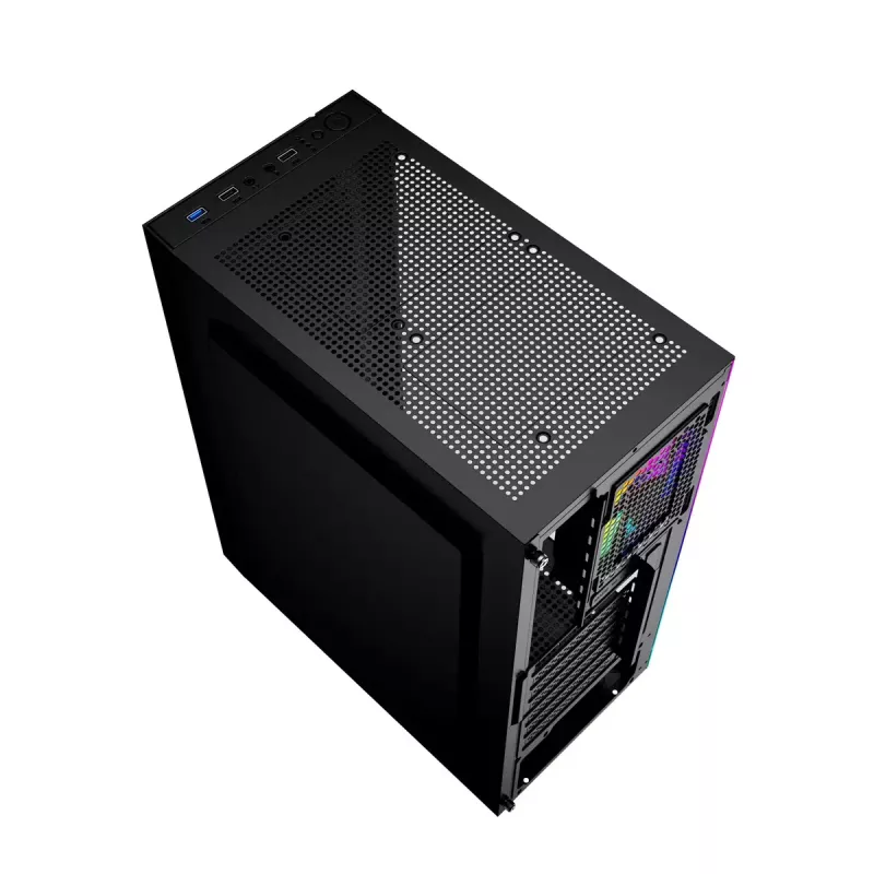 PC-Gehäuse GEMBIRD Fornax 2500 Midi Tower Schwarz — ATX/ITX-Unterstützung, gehärtetes Glas, RGB, 3x120 mm vorne, 2x2,5-Zoll-Einschübe