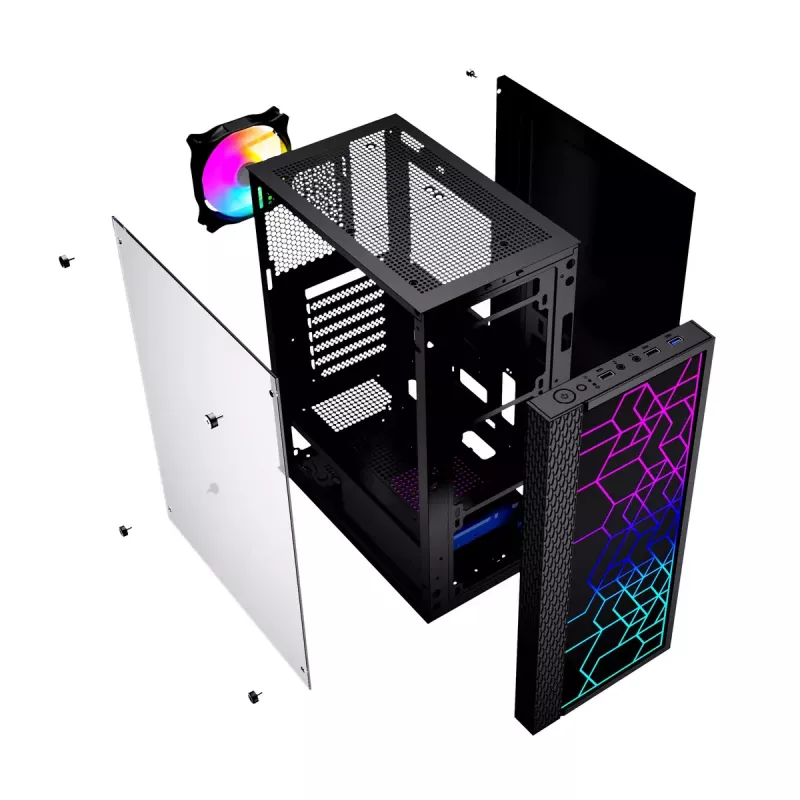 PC-Gehäuse GEMBIRD Fornax 2500 Midi Tower Schwarz — ATX/ITX-Unterstützung, gehärtetes Glas, RGB, 3x120 mm vorne, 2x2,5-Zoll-Einschübe