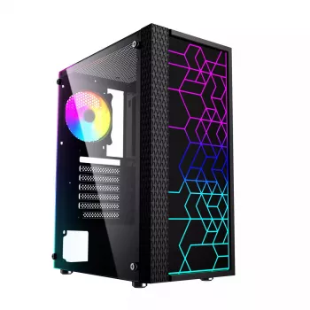 PC-Gehäuse GEMBIRD Fornax 2500 Midi Tower Schwarz — ATX/ITX-Unterstützung, gehärtetes Glas, RGB, 3x120 mm vorne, 2x2,5-Zoll-Einschübe