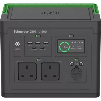 APC SE OffGrid Tragbare Powerstation 500 – Li-Ion-Akku, LCD, 2x UK-Steckdosen, 3x USB-A, 2x USB-C, 3x 12V, kabelloses Ladegerät
