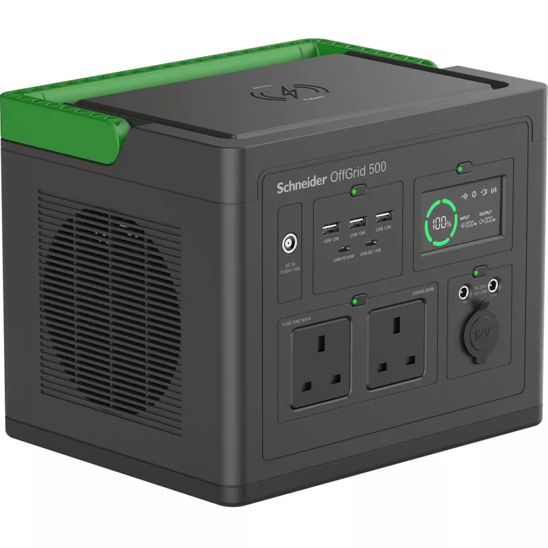 APC SE OffGrid Tragbare Powerstation 500 – Li-Ion-Akku, LCD, 2x UK-Steckdosen, 3x USB-A, 2x USB-C, 3x 12V, kabelloses Ladegerät