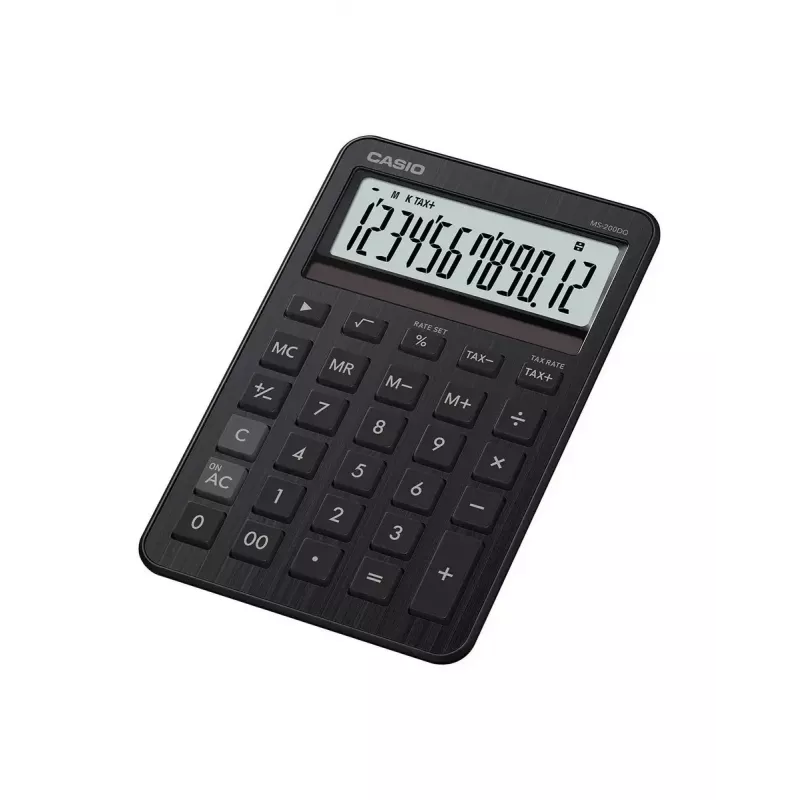 Tischrechner CASIO MS-200DQ — Basic, 12-stellig, Batterie/Solar, Steuer- & Gewinnfunktionen, Schwarz