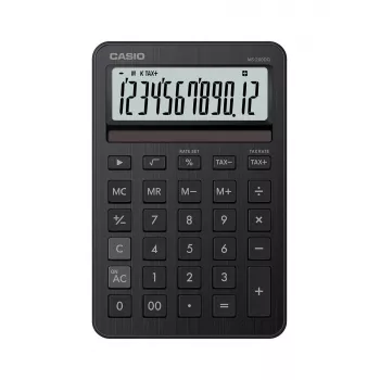 Tischrechner CASIO MS-200DQ — Basic, 12-stellig, Batterie/Solar, Steuer- & Gewinnfunktionen, Schwarz