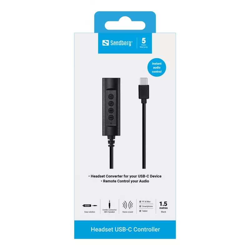 Sandberg Headset USB-C Controller, 1,5 m, Controller, 25 g, Schwarz